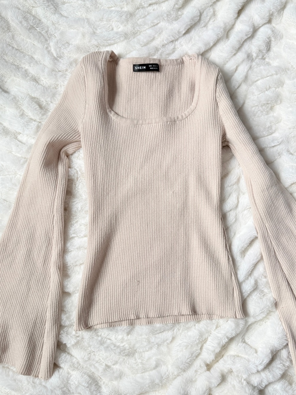 SHEIN Light Beige Ribbed Square Neck Long Sleeve Top